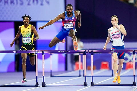Rai Benjamin competes during the men's 400-meter hurdles final 